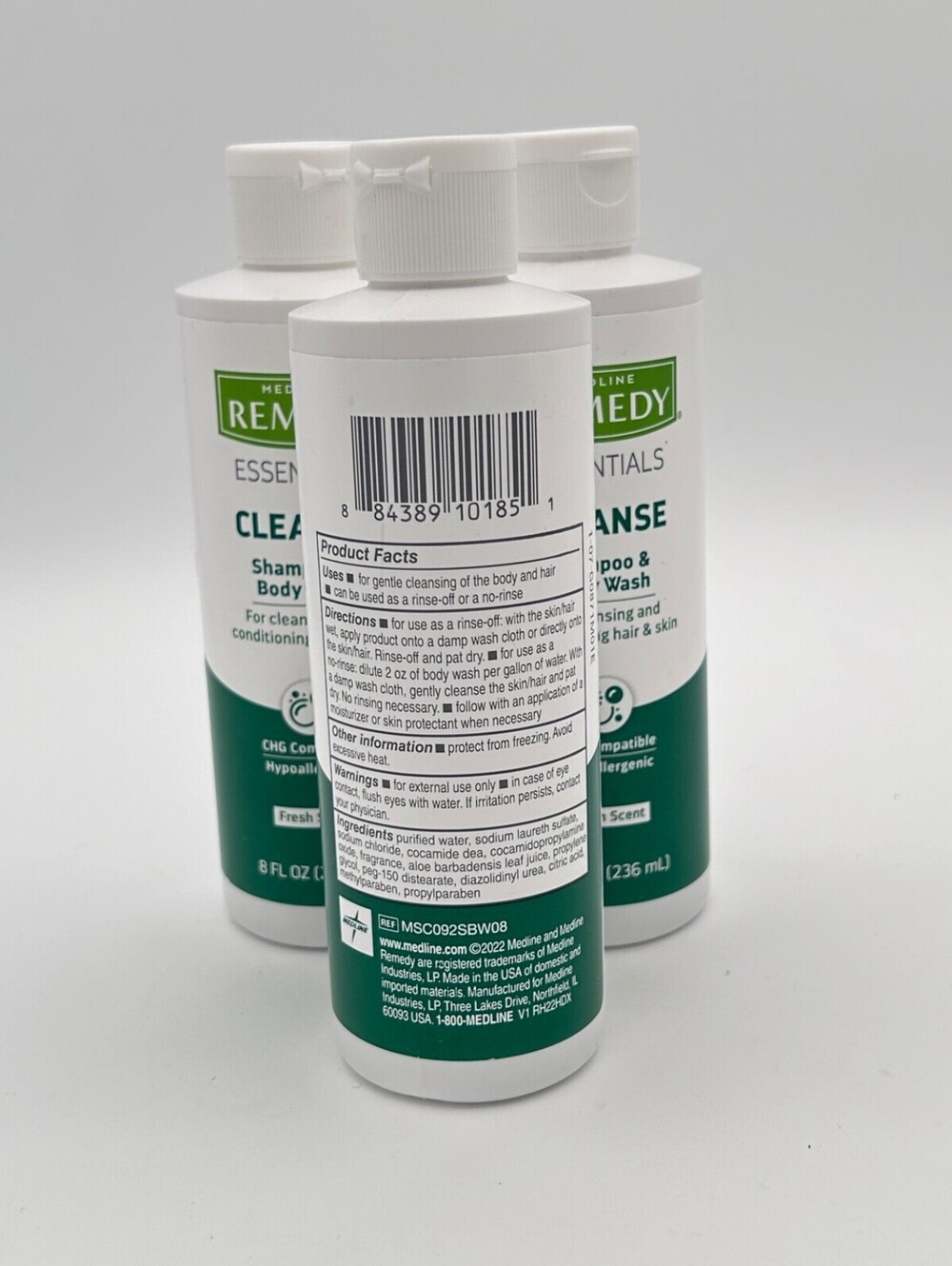 New LOT OF 3 Medline Remedy Essentials Shampoo & Body Wash 8oz Fresh Scent